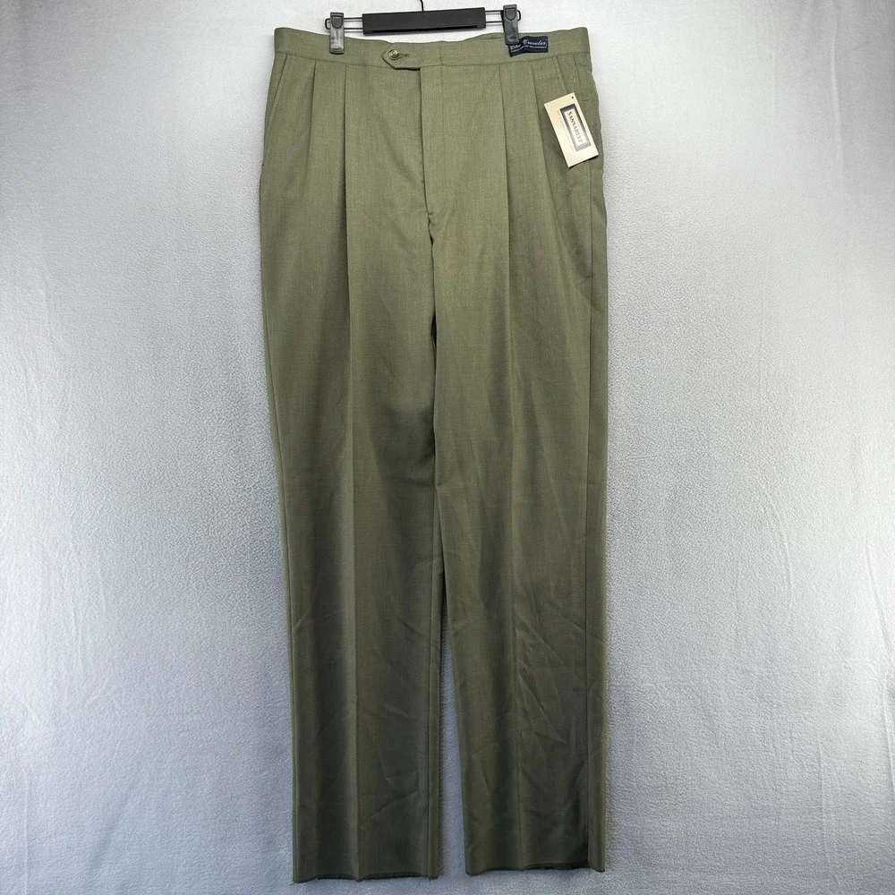 Vintage Sansabelt Dress Pants men's 37 Green Trousers Unhemmed Raw Pleated NEW
